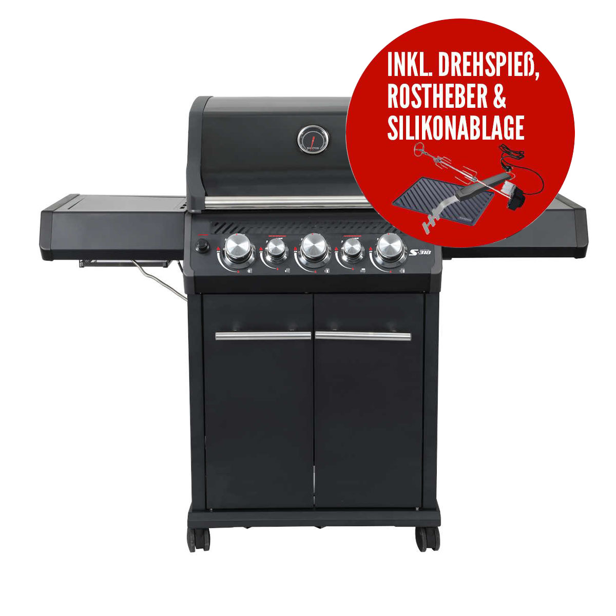 SANTOS Gasgrill S-318 | Seiten- & Heckbrenner, All Black inkl. Drehspieß, Rostheber & Silikonablage